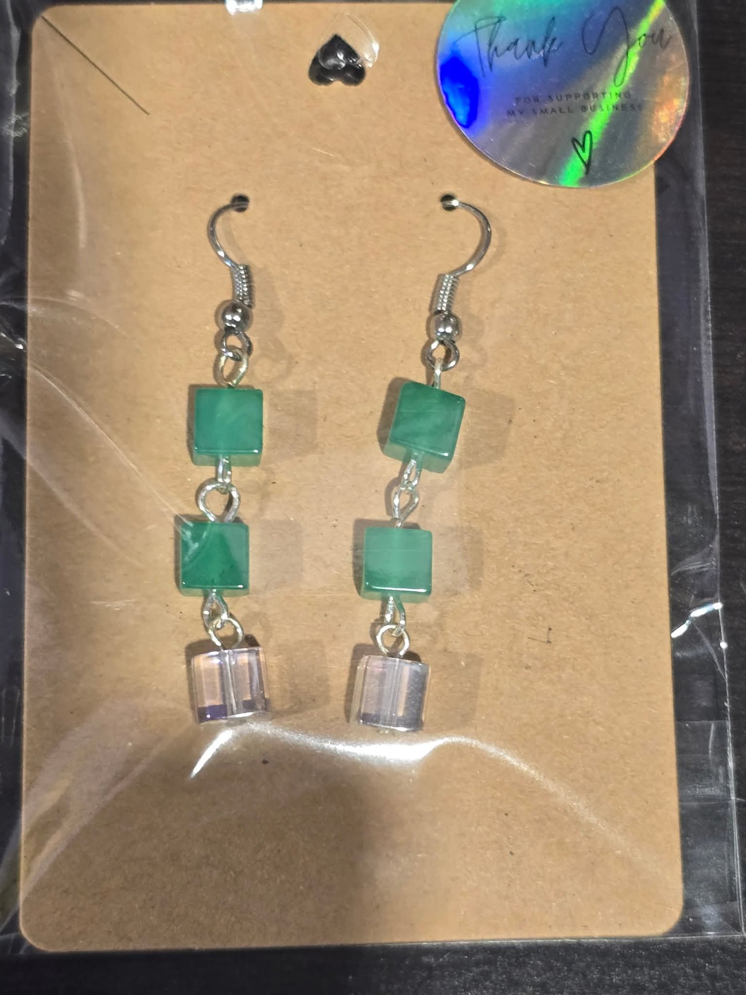 Beaded Earrings- Green Cube